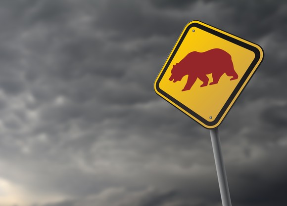 Sign with bear against a stormy sky.
