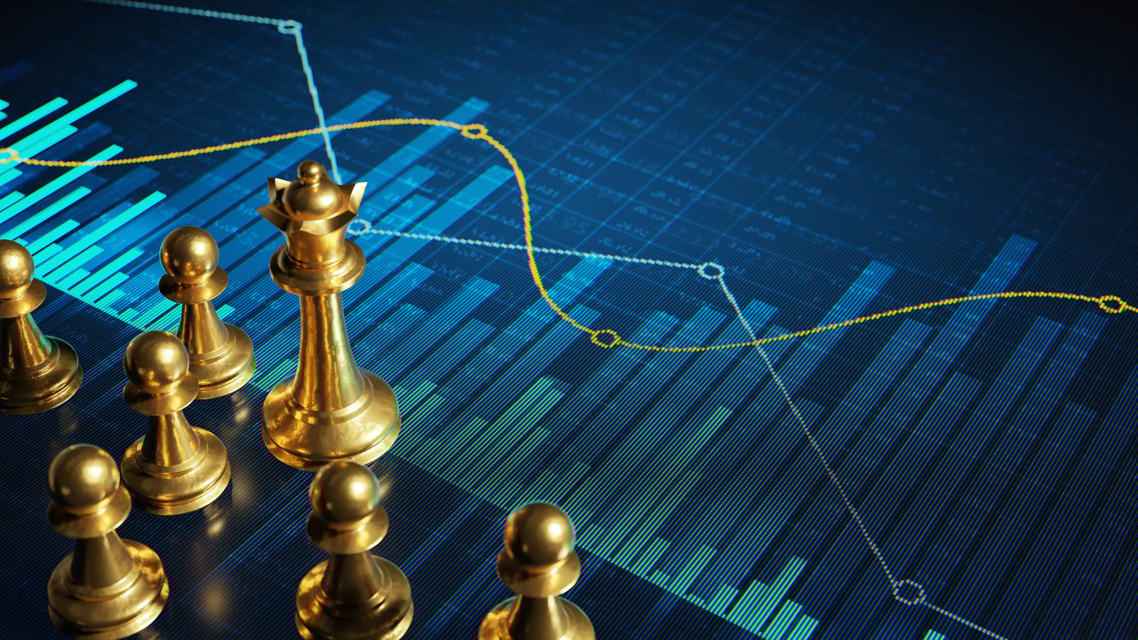 Golden chess pieces on a digital screen showing financial charts.