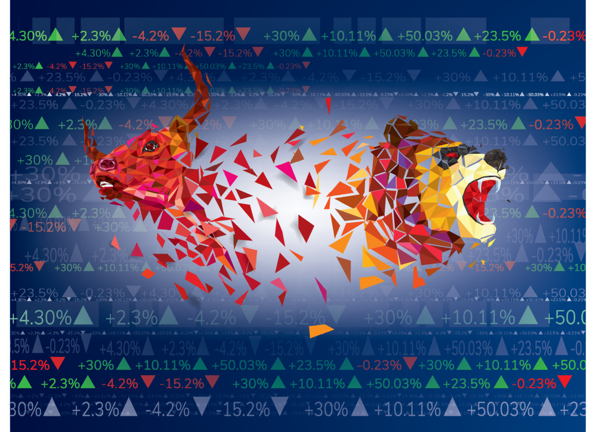 Rendering of a bull and bear made out of shapes with a background of various percentage changes. 