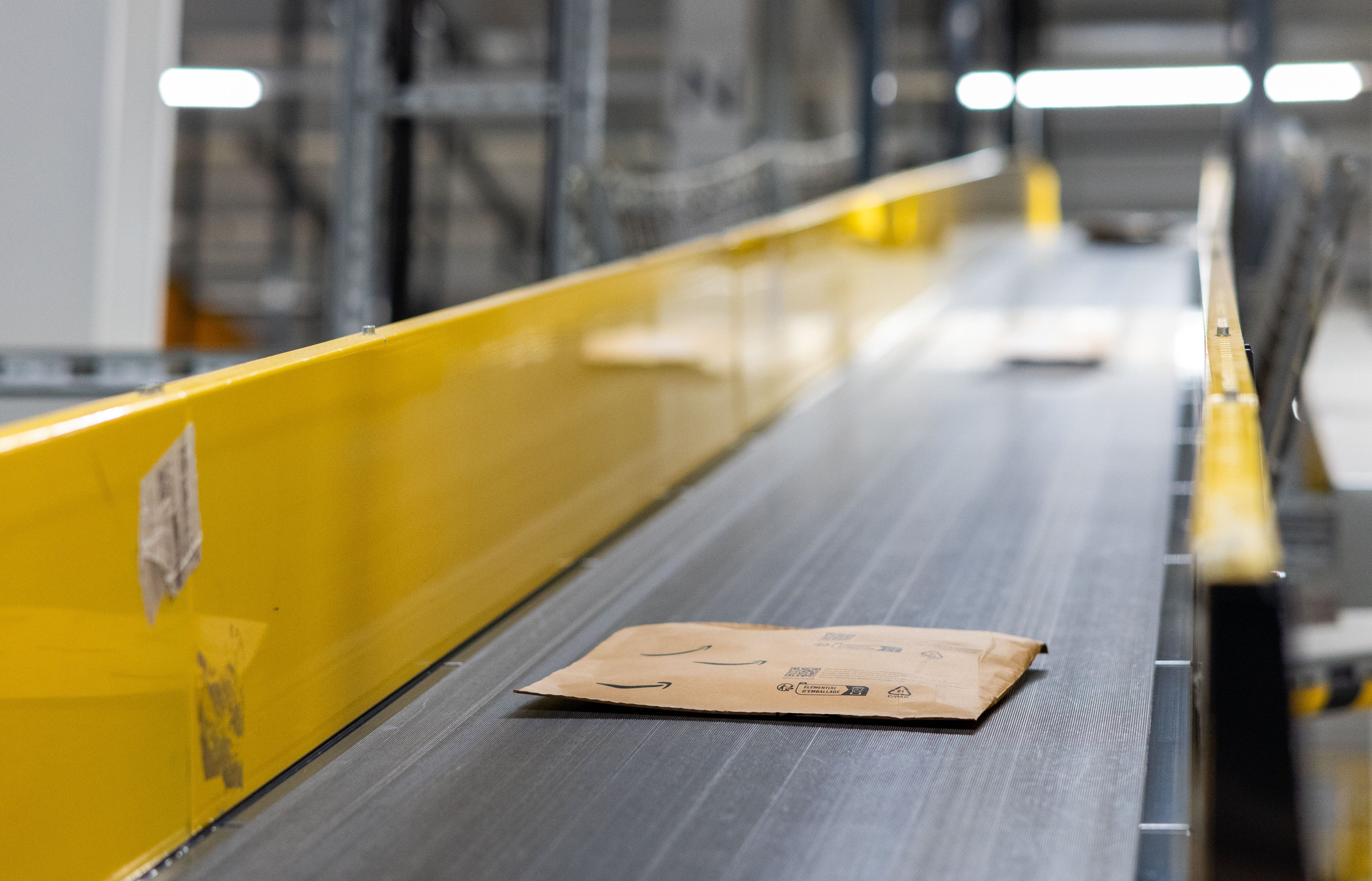 A package on a conveyor belt.