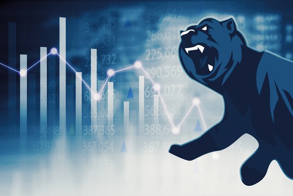 A graphic of a bear superimposed on a declining stock chart.