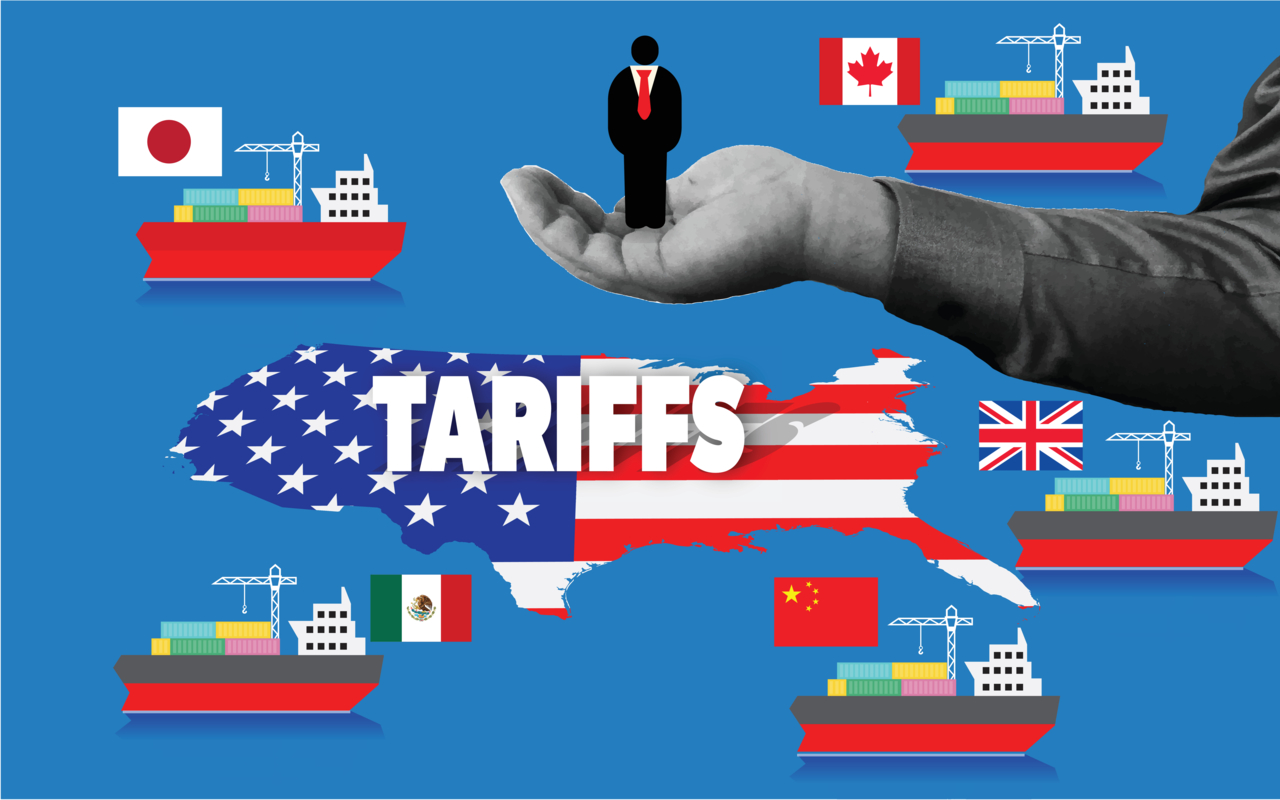 Abstract representation of the continental United States placing tariffs on trading partners. 