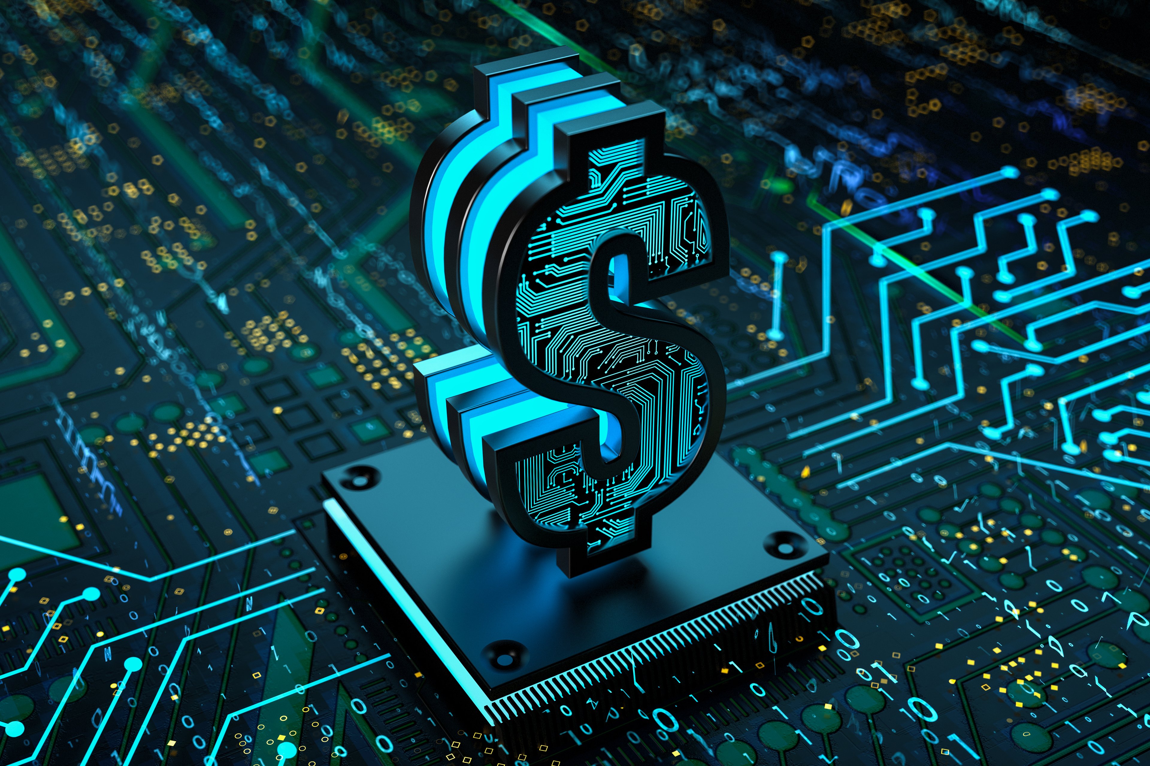 A dollar symbol on a circuit board.
