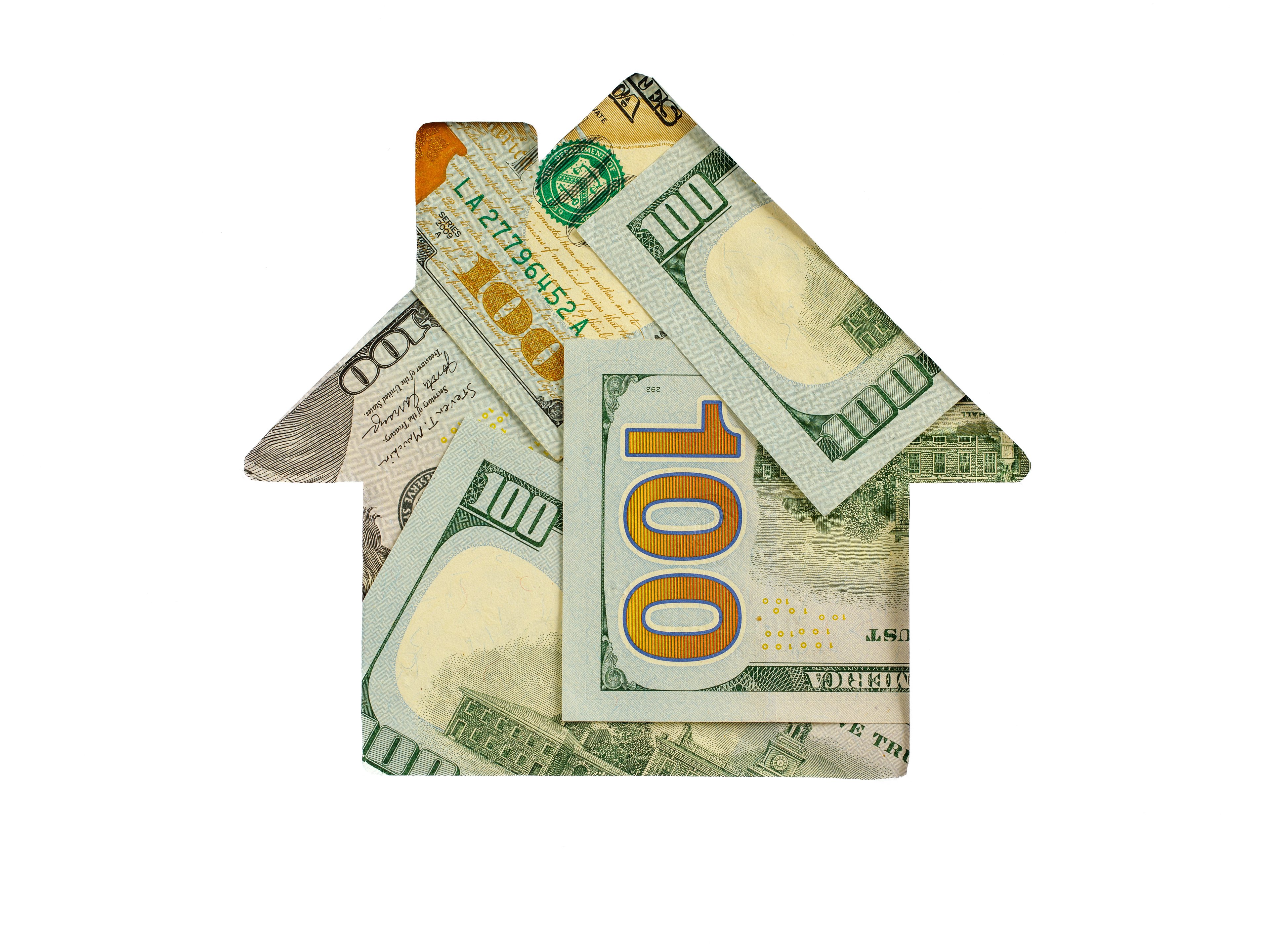 $100 bills in the shape of a house.