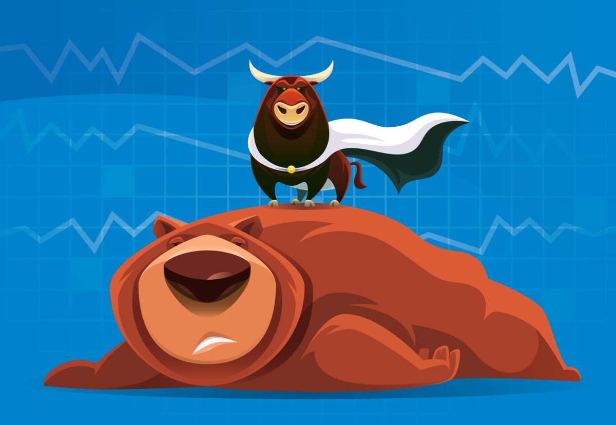Cartoon bull standing atop cartoon bear, in front of financial chart.