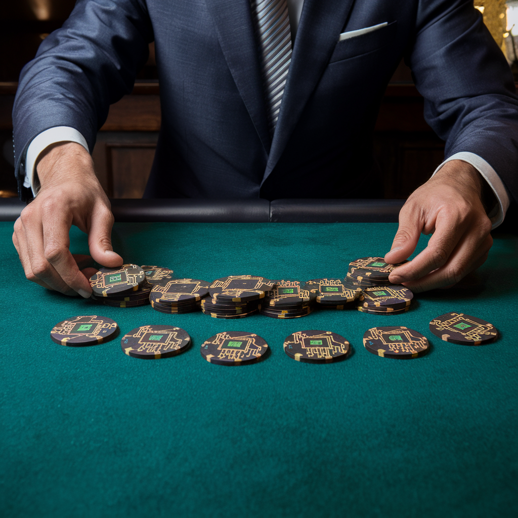 Card dealer laying chips on a table.