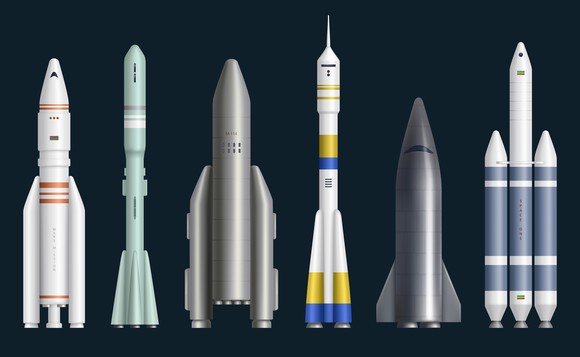 A row of various rocket models.