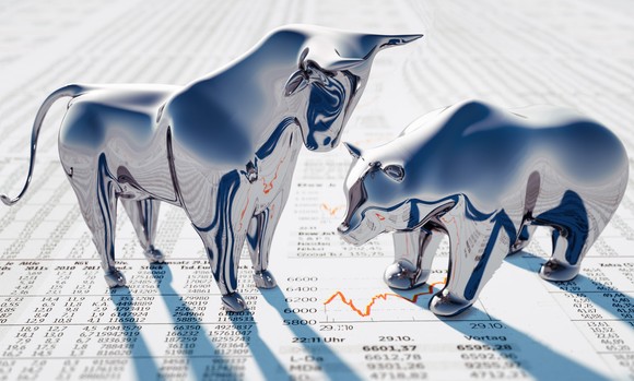 A silver bull and a silver bera standing on top of a newspaper showing stock prices.