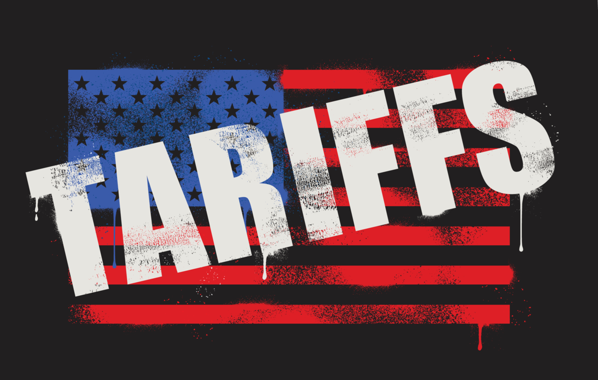 The word "tariffs" is written across a U.S. flag.