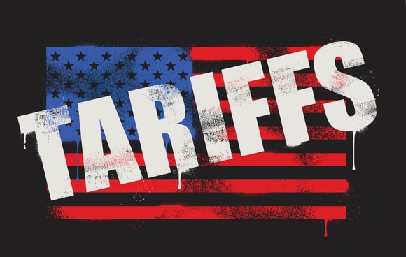 The word "tariffs" is written across a U.S. flag.