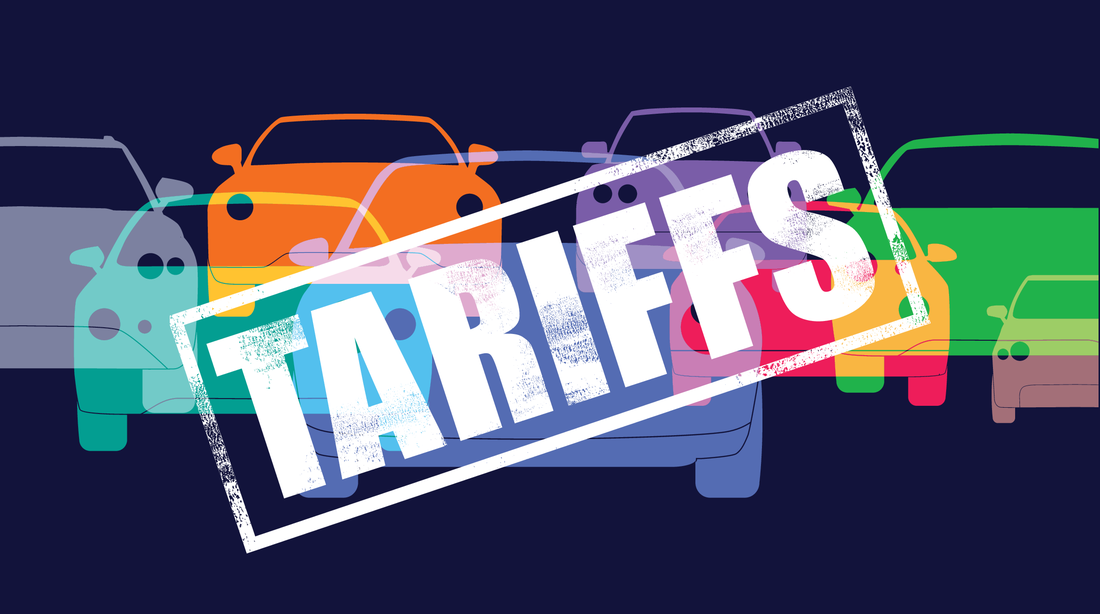 Background shows shadows of colorful cars. In the foreground is the word "Tariffs"