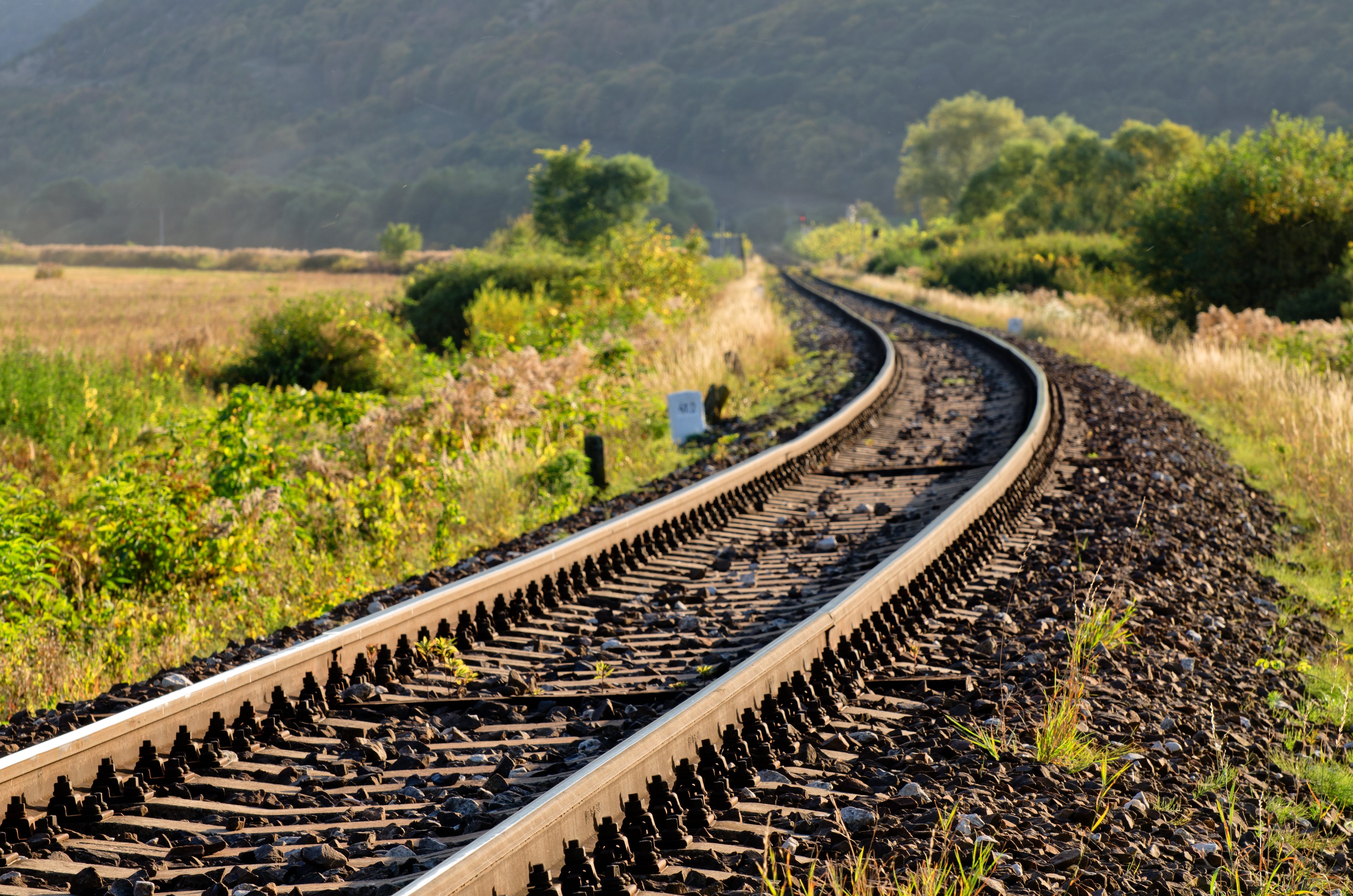 Rail road tracks wind through farmland.