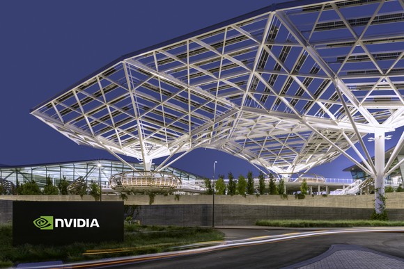 Nvidia headquarters at dusk with the Nvidia sign and logo. 