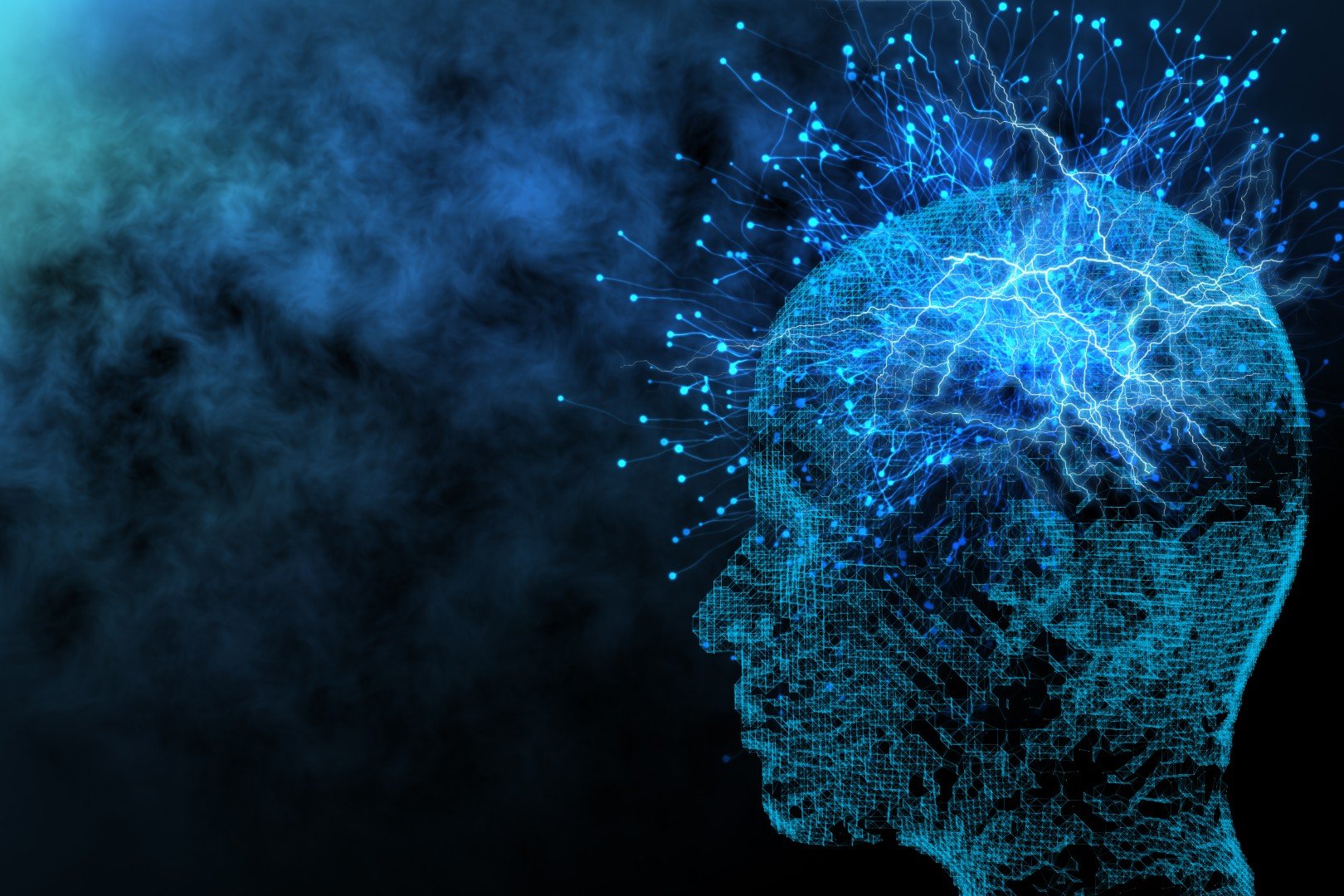 Artist's rendering of a digital human face, lit up in the cosmos.