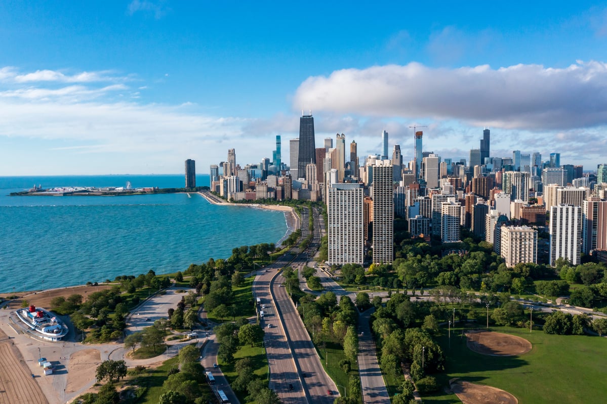 Chicago skyline along the lake shore.