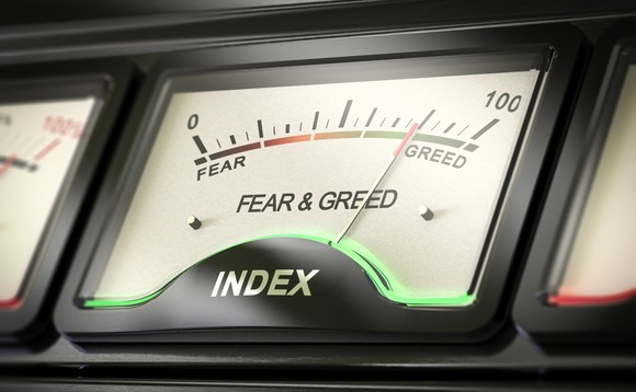 Dial showing fear and greed index, with the indicator on greed.