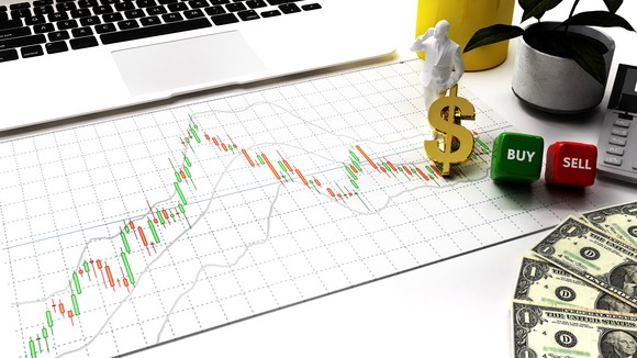 An abstract image of a stock chart going up and down over time.
