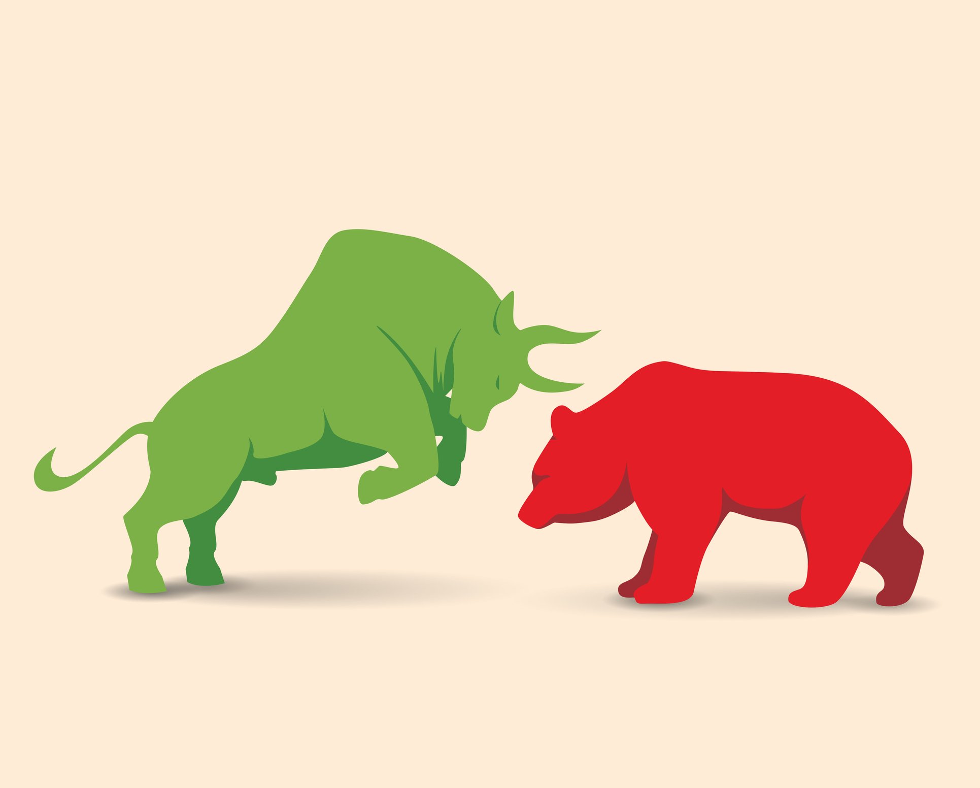 Green bull and red bear facing each other.