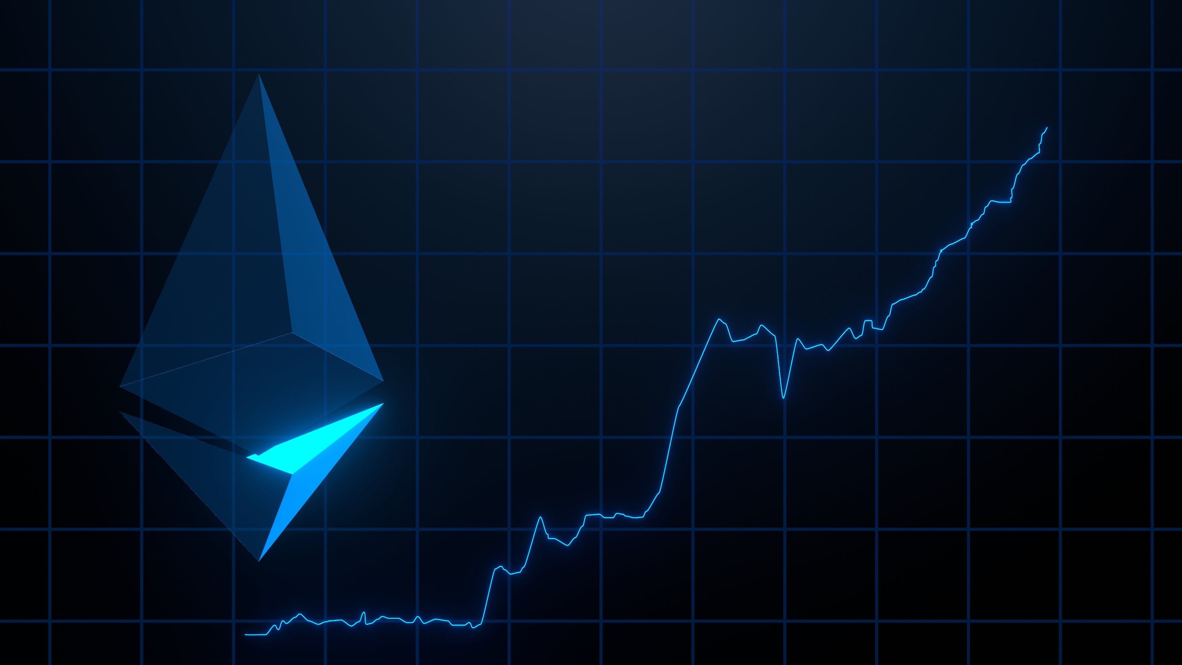 Ethereum logo with price chart heading higher.