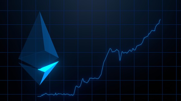 Ethereum logo with price chart heading higher.