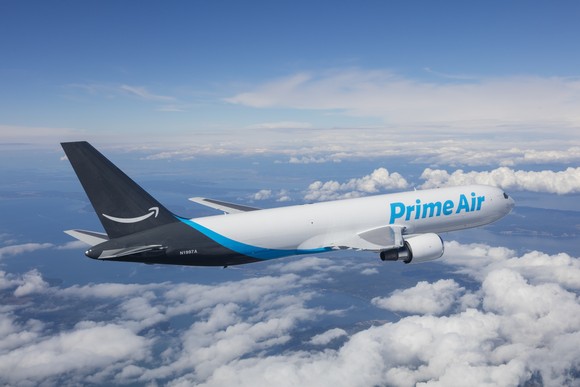 Amazon Prime Air jet flying above the clouds.