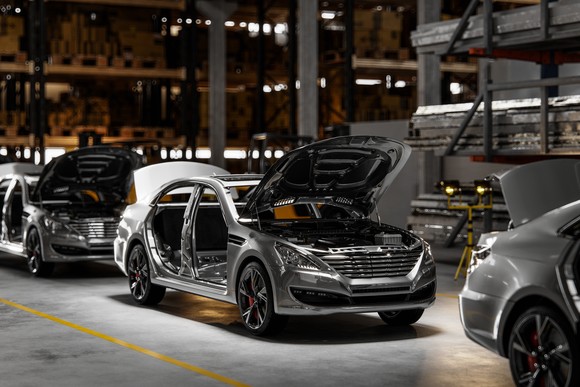 A new car on the assembly line.