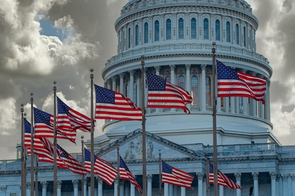 A picture of American flags in front of the Capitol.