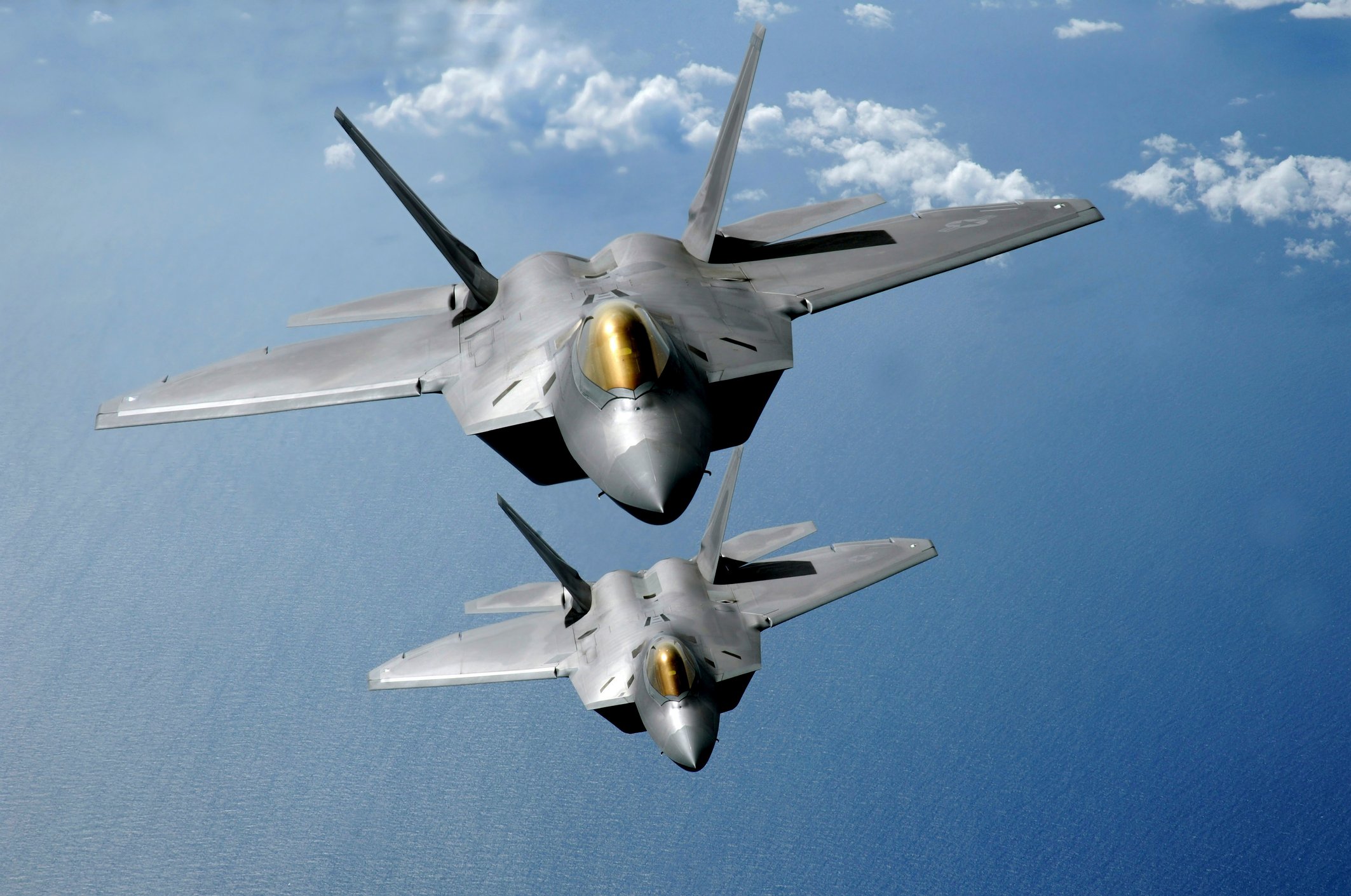 Two F-22 Raptors in flight.