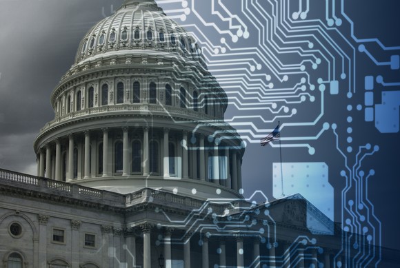 The U.S. Capitol Building with a computer chip image overlayed.