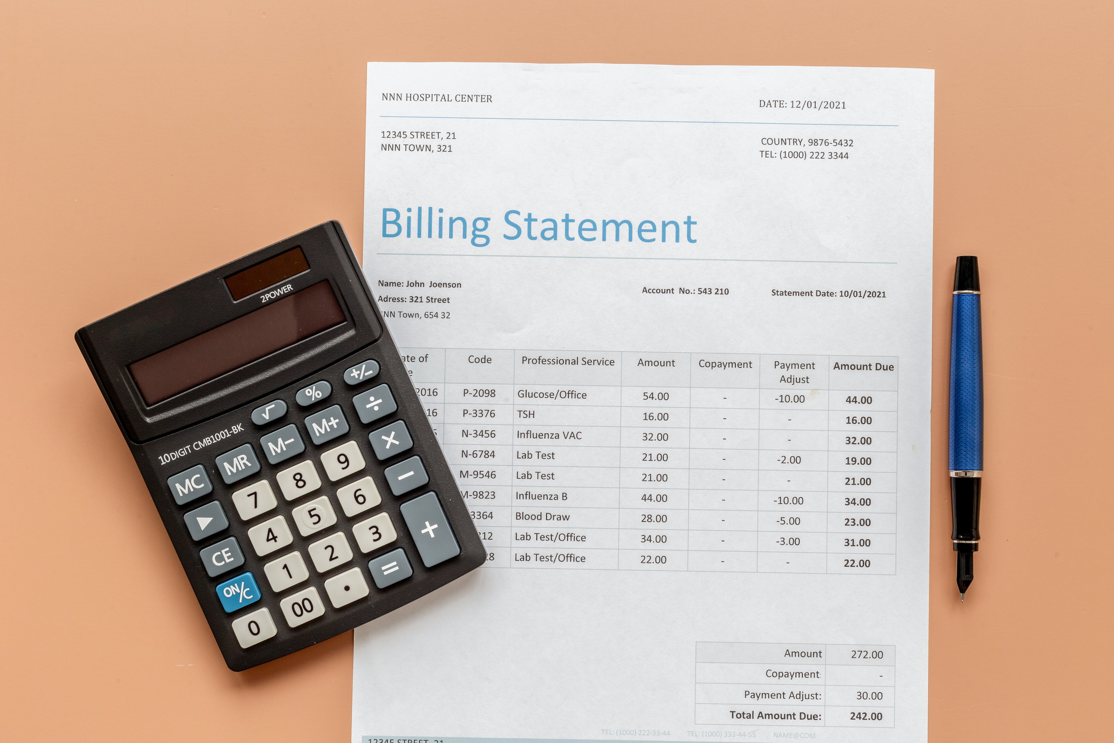 Billing statement breaking down costs for medical services.