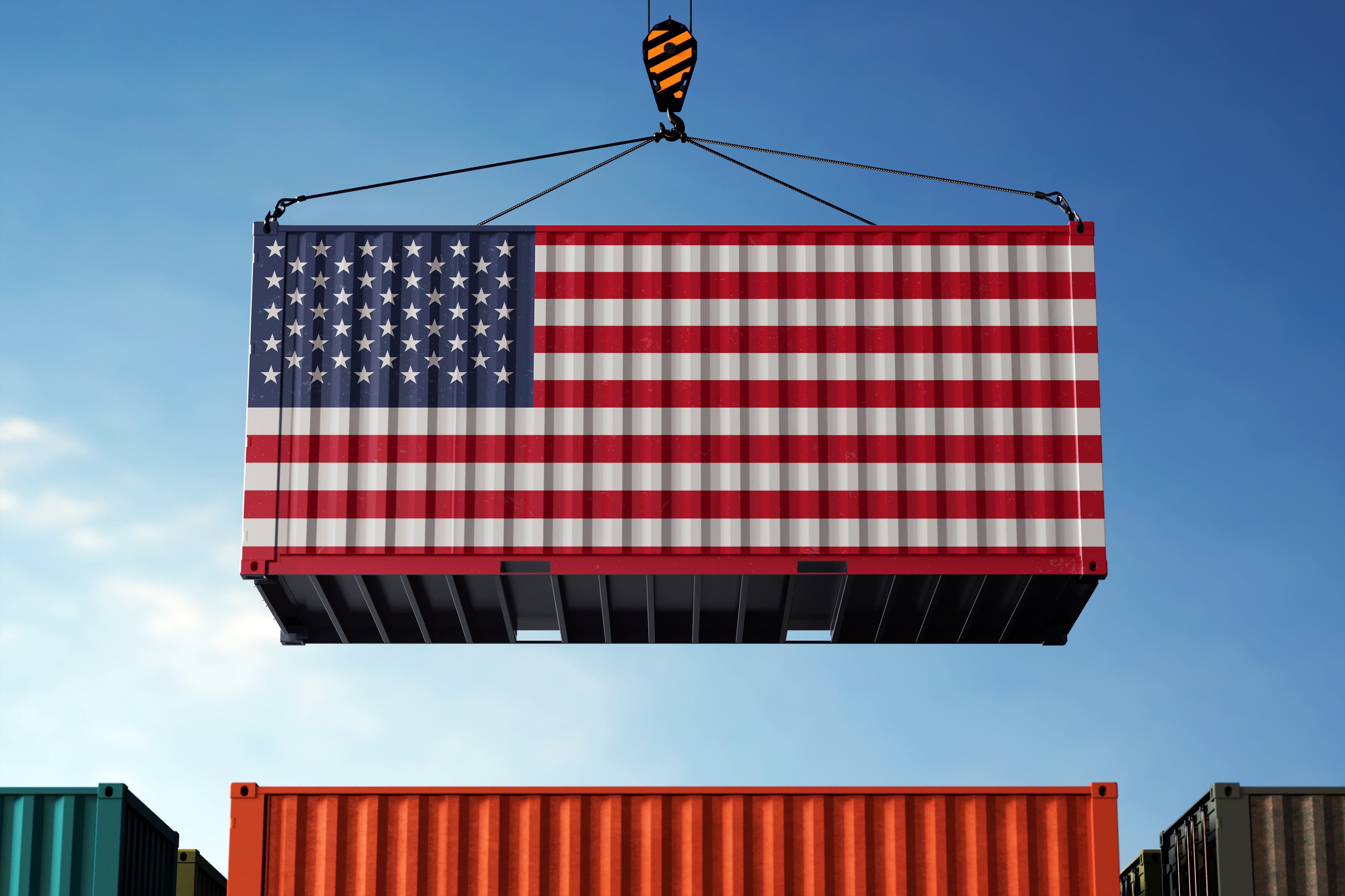 U.S. flag painted on a rail container being picked up.