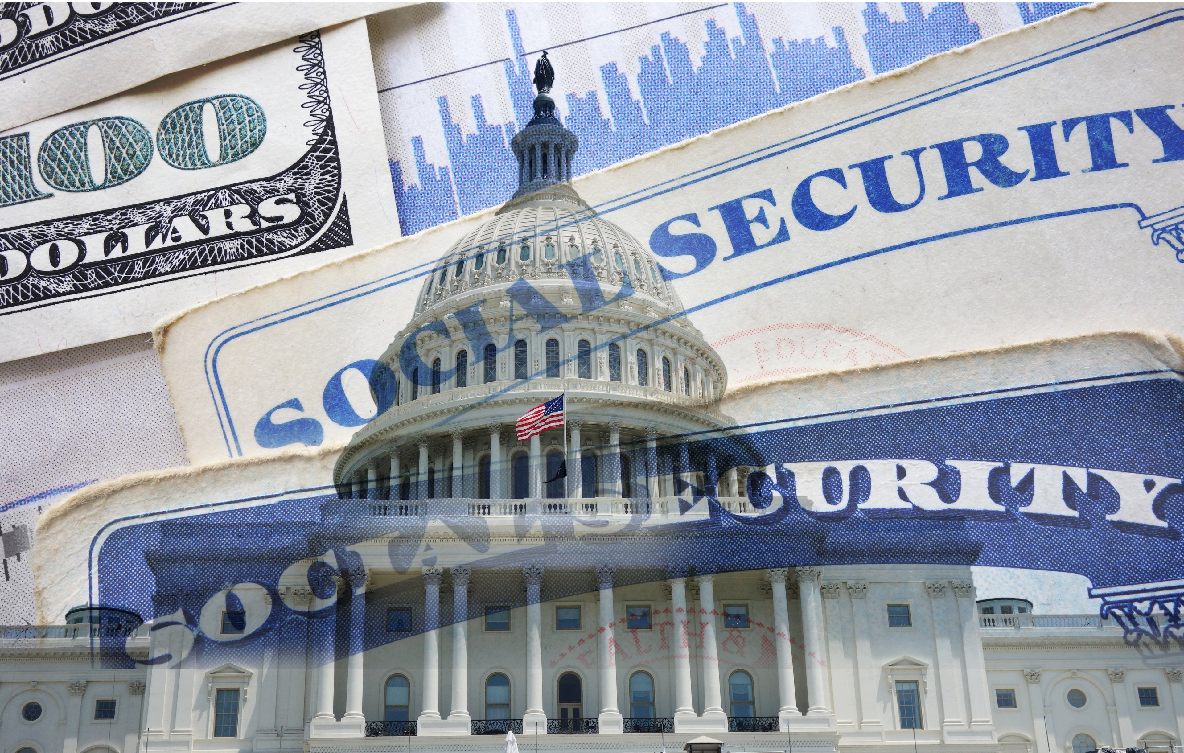 Images of Social Security cards and U.S. currency overlaid on the U.S. Capitol Building