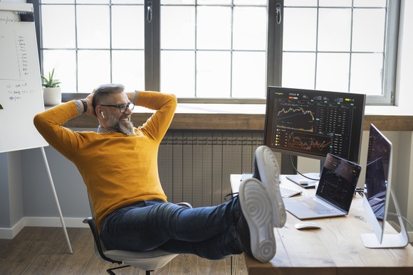 A person with their feet up on a desk looks at three trading screens.