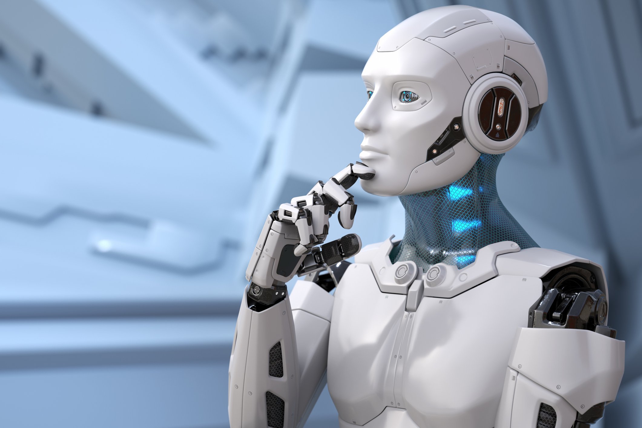 Humanoid robot in a thinking pose, finger on chin.