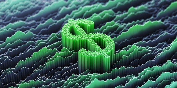 Dollar sign in green pushing out of digital cloud. 
