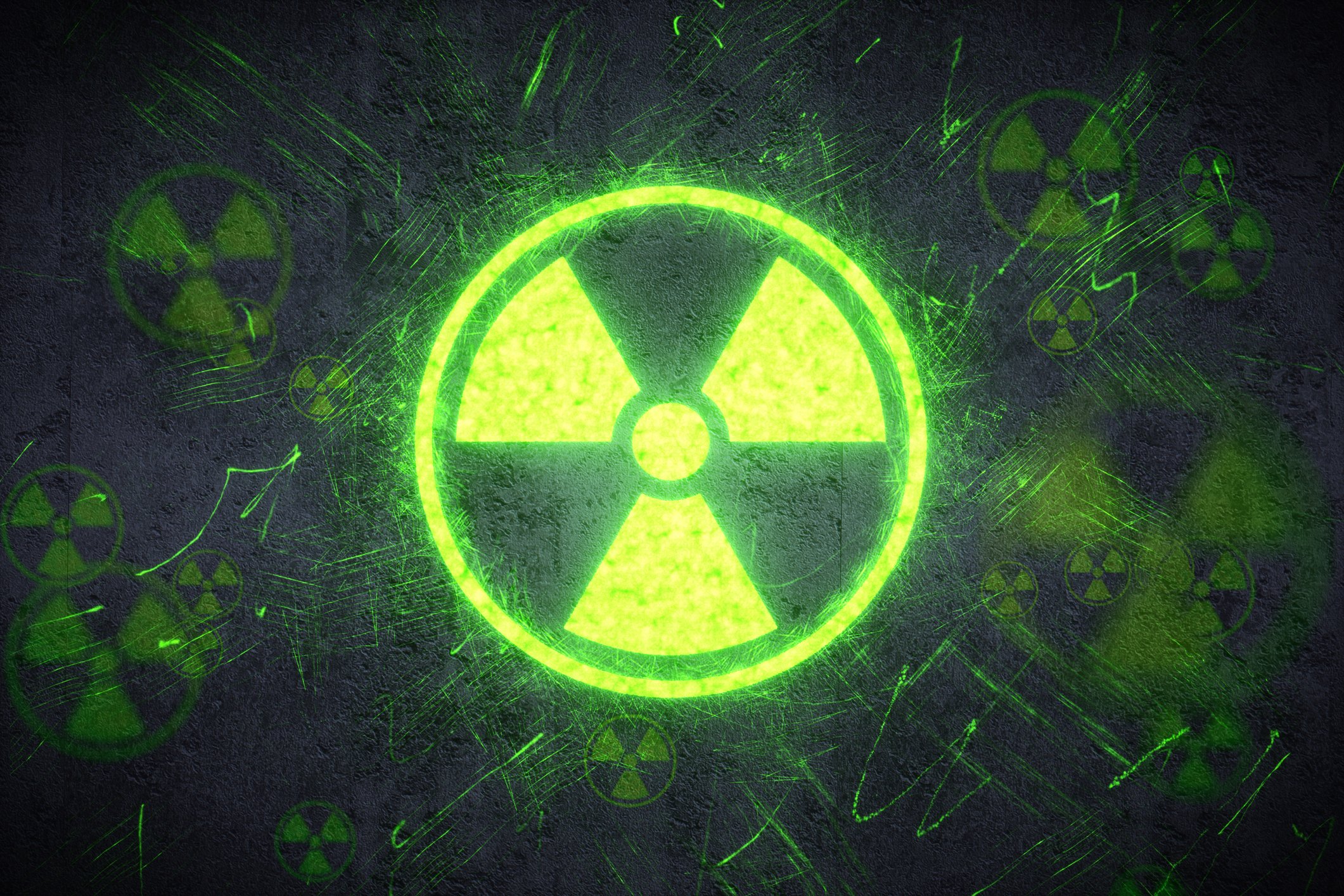 Glowing green nuclear radiation icon.