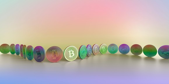 crypto coins lined up