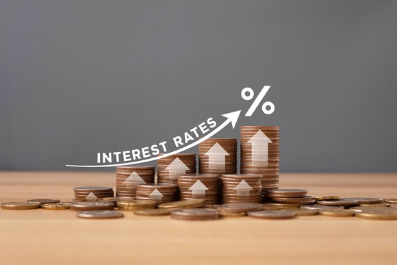Stacks of coins organized in ascending order by height, with the words interest rates above them.