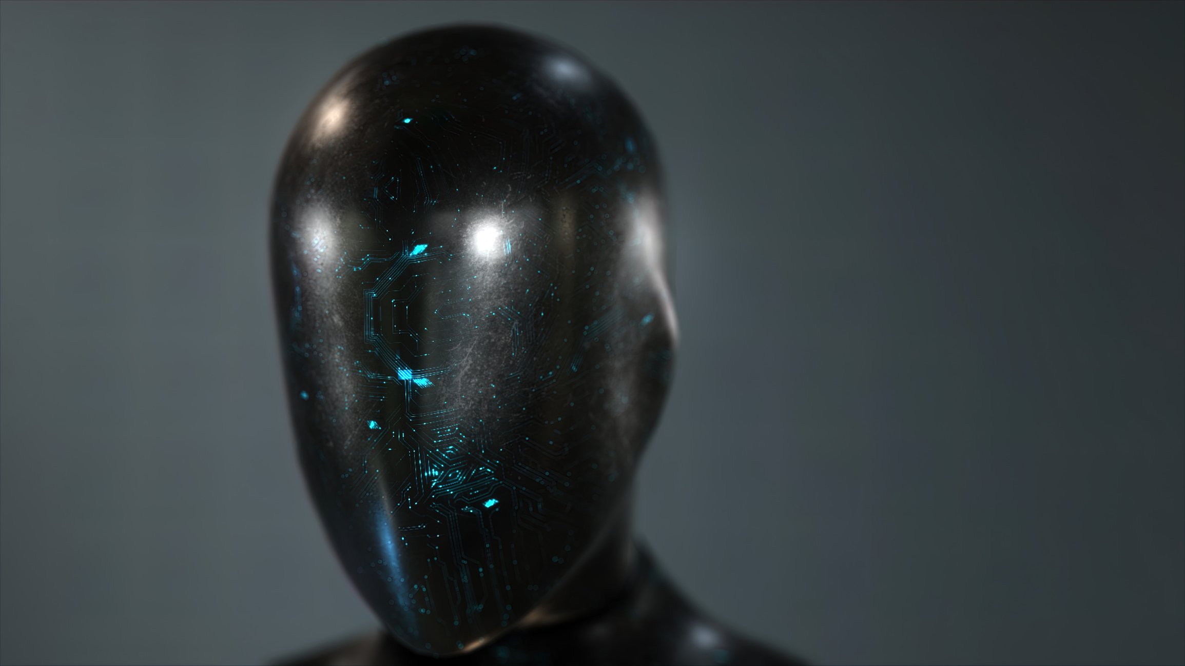 A black robot head with starlike glimmer.