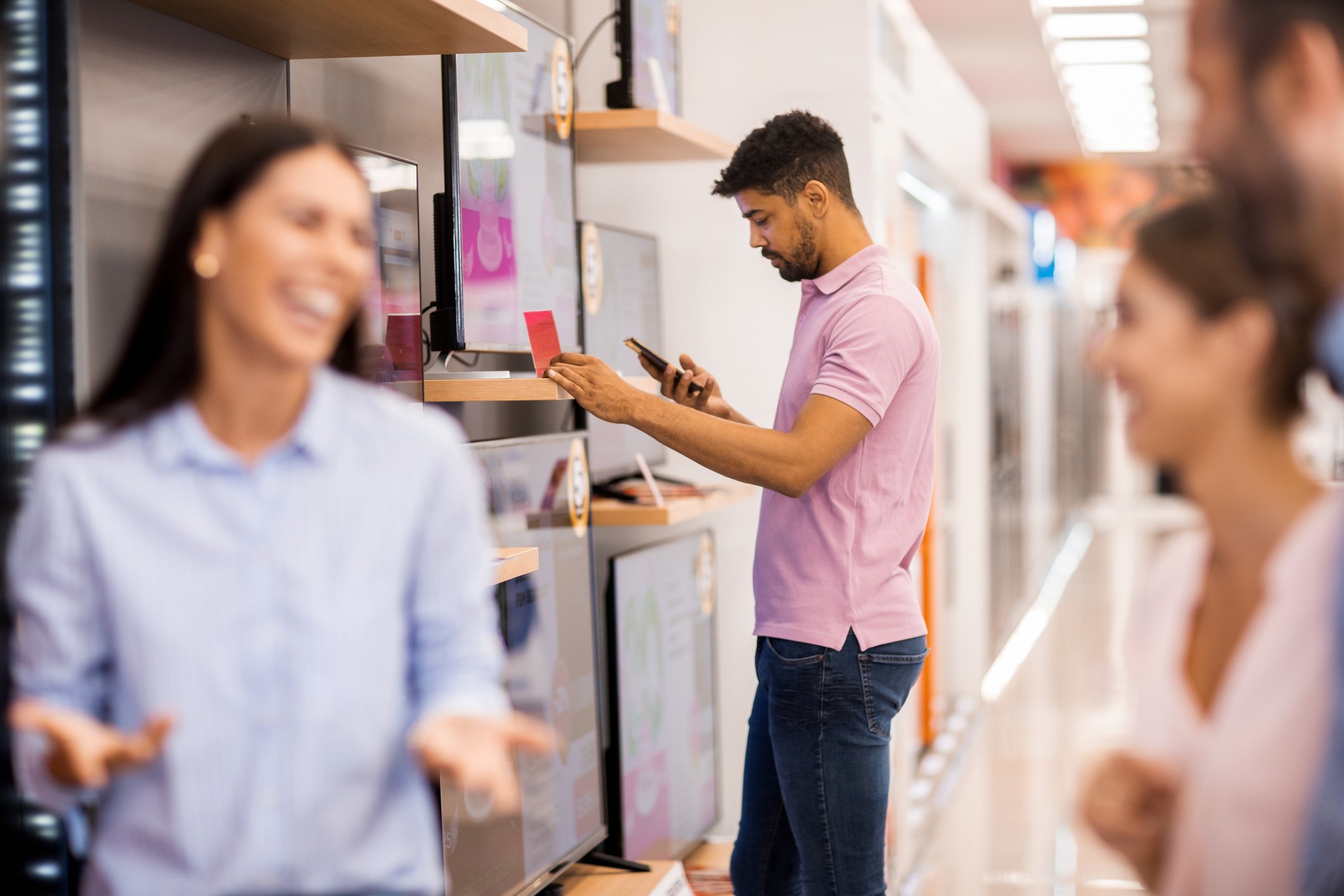 Happy shoppers in a big-box store.