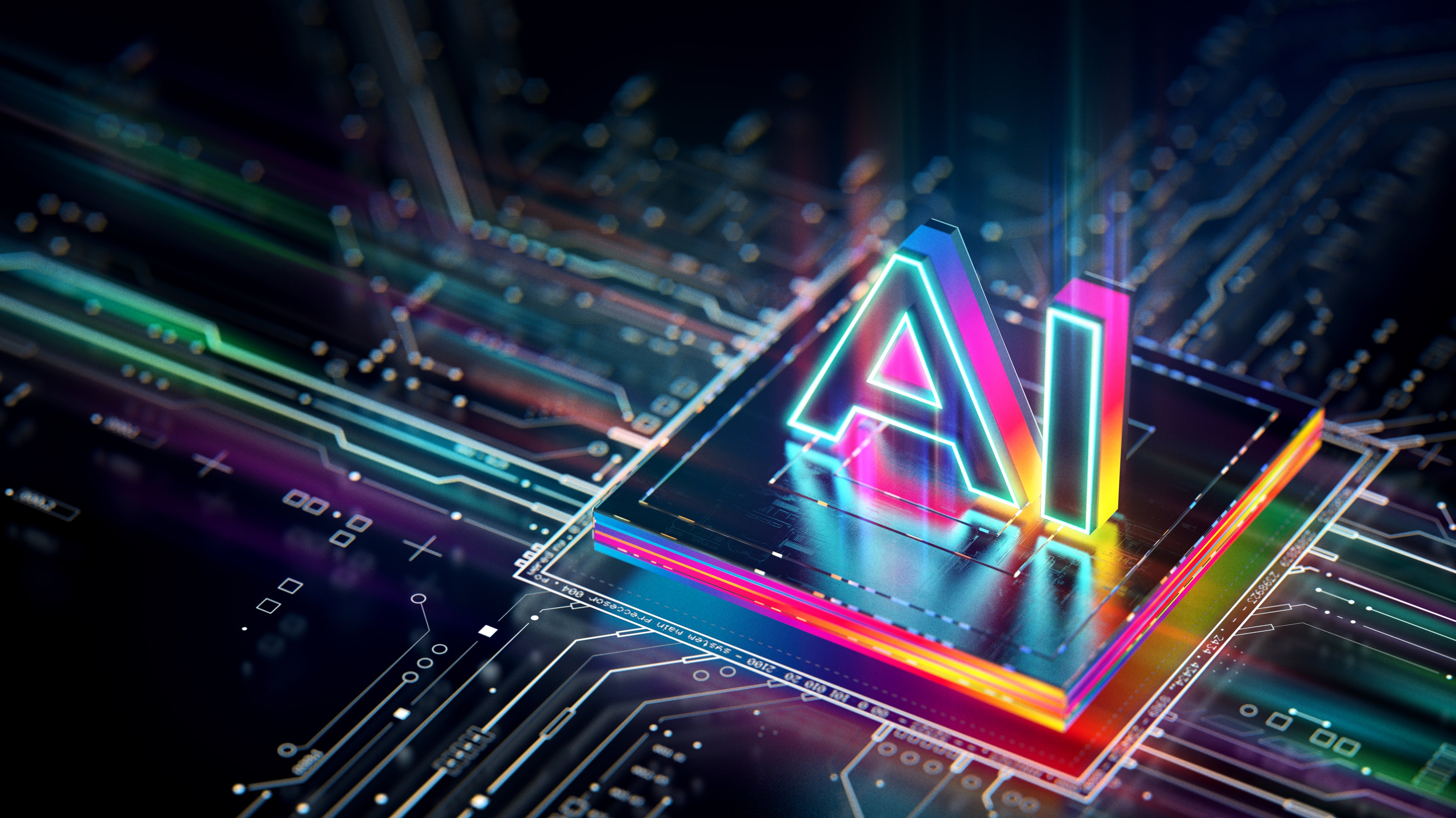 Neon colored letters AI on a computer chip.