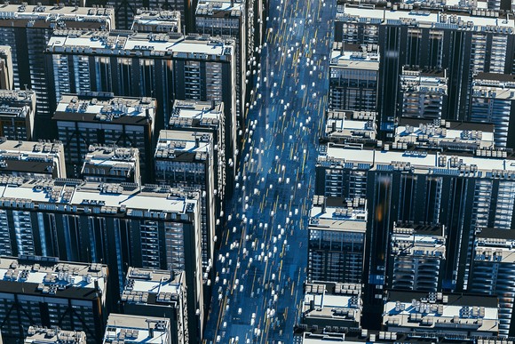 Vehicles in a crowded city.