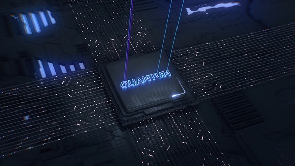 Computer chip marked with the word Quantum.