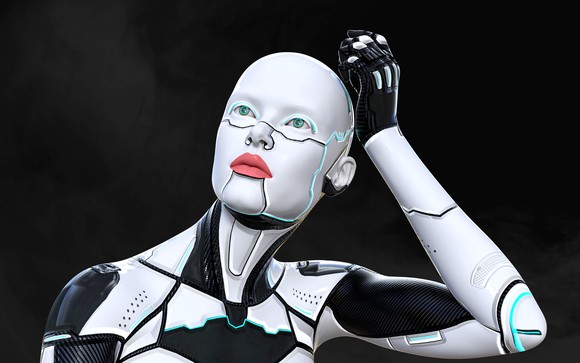 A humanoid robot scratches its plastic head.