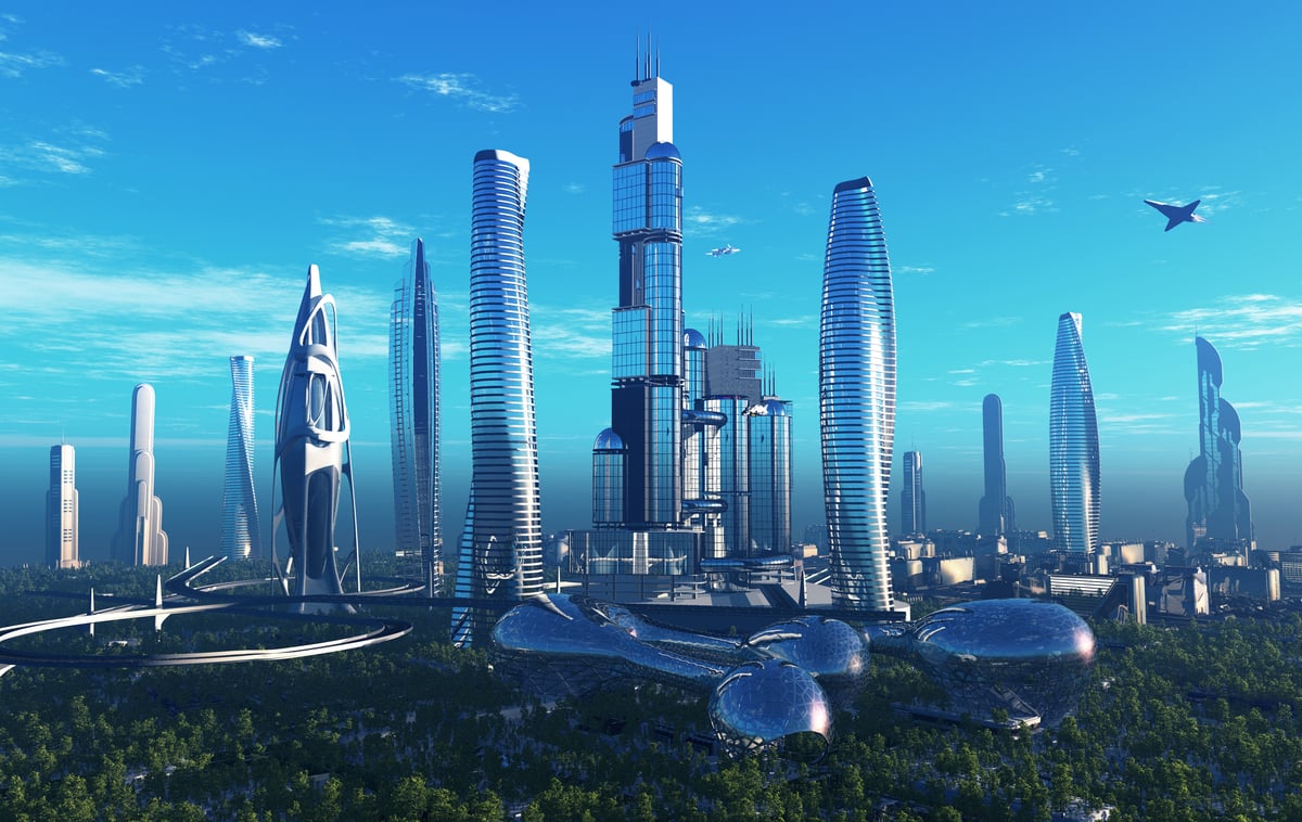 Futuristic city skyline with plane above it.