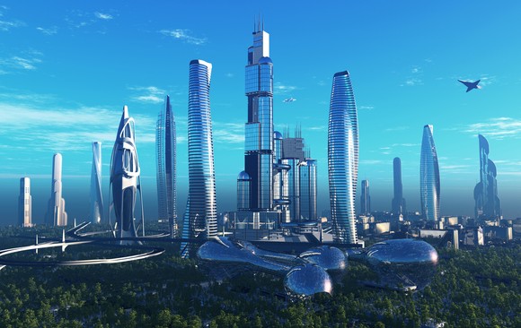 Futuristic city skyline with plane above it.
