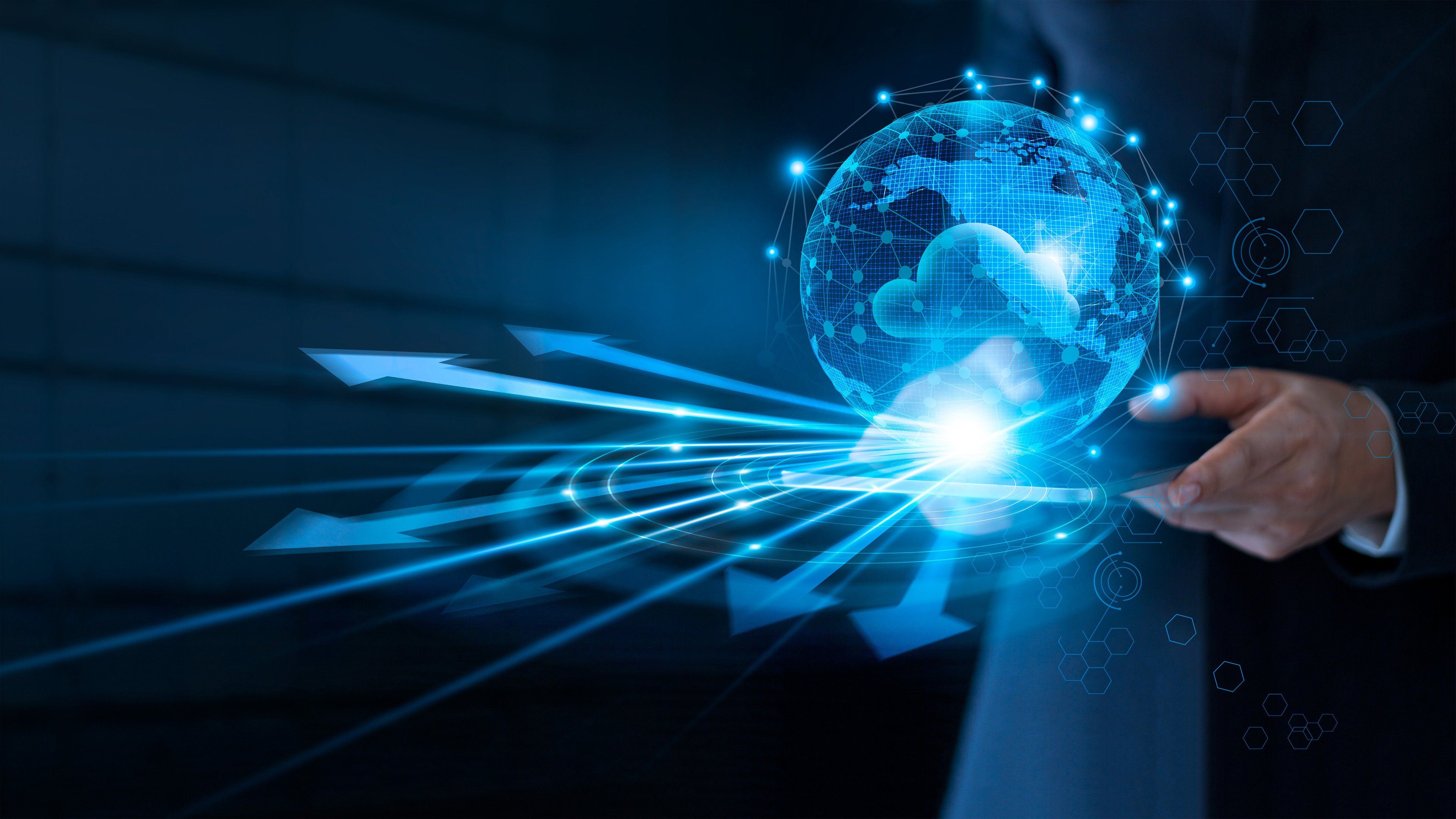 A cloud in a globe with arrows coming out of it.