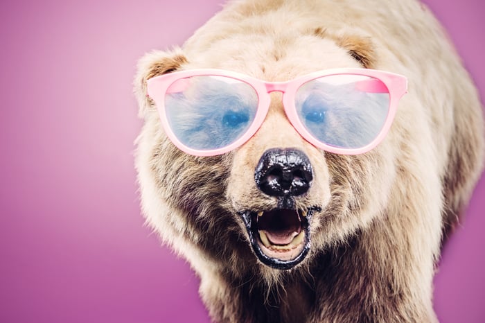 A bear wearing pink sunglasses. 