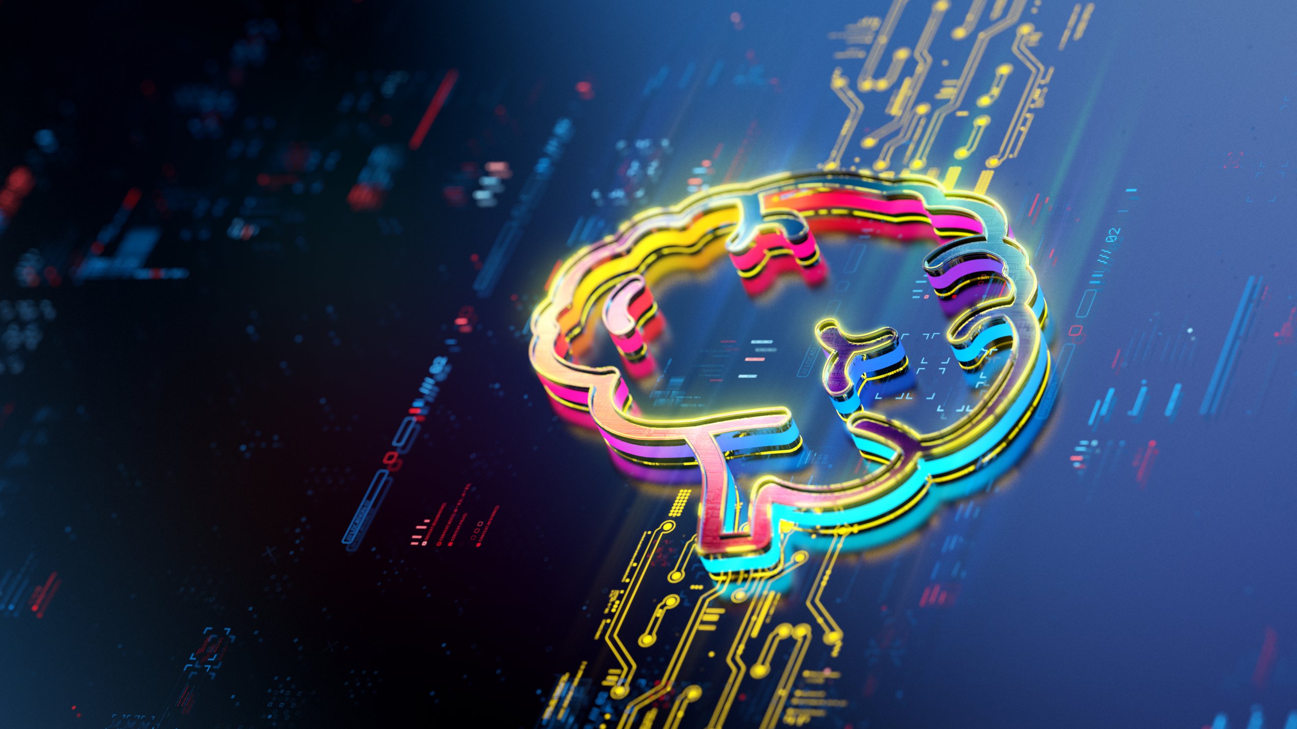 The shape of a brain made up of colorful digital lines.