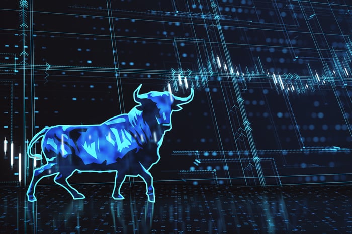 An illustrated bull in front of a candlestick chart.